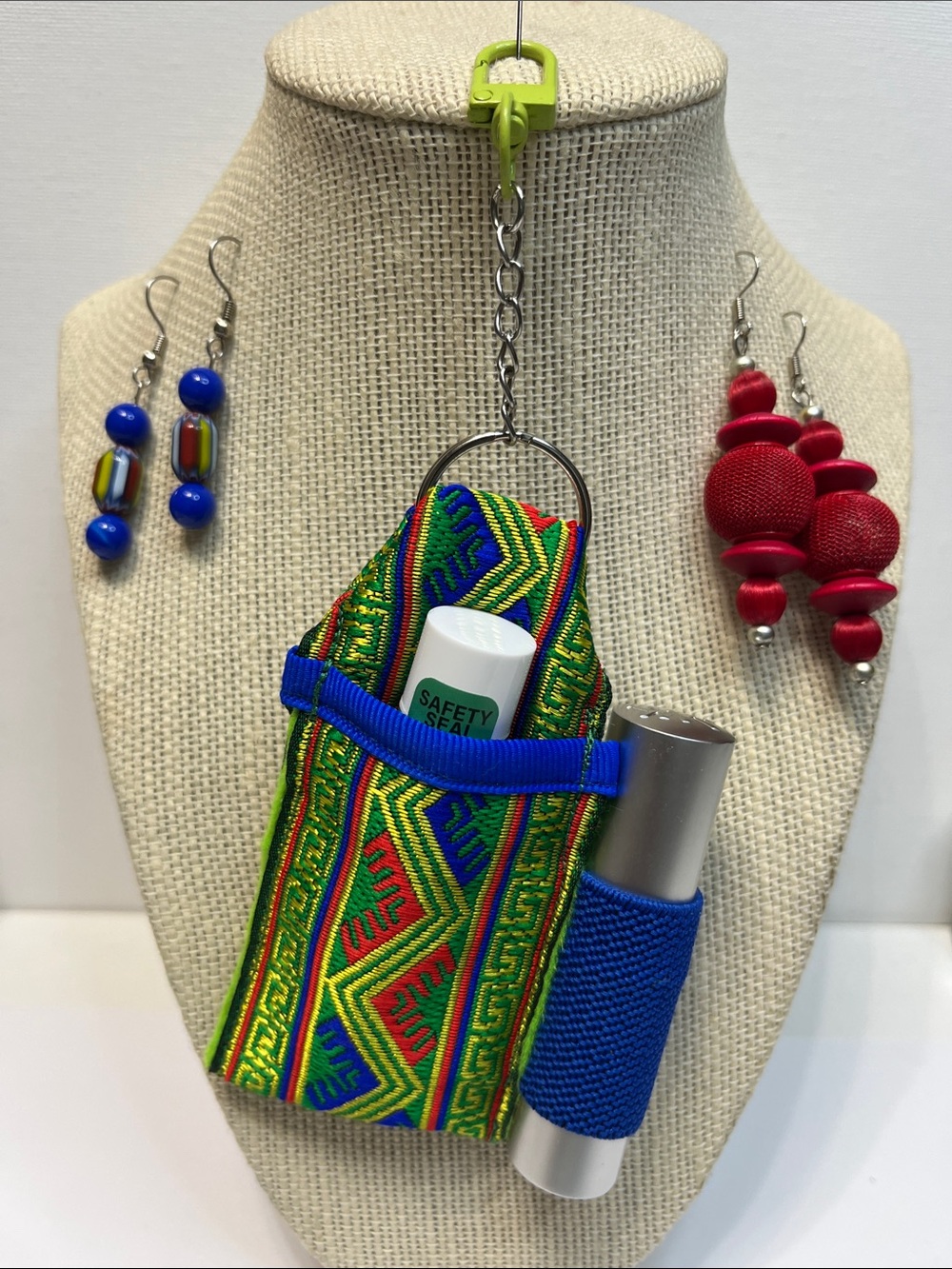 Gift Set Neon Tapestry Lipstick Balm Holder Keychain Purse Charm 2 pr Earrings